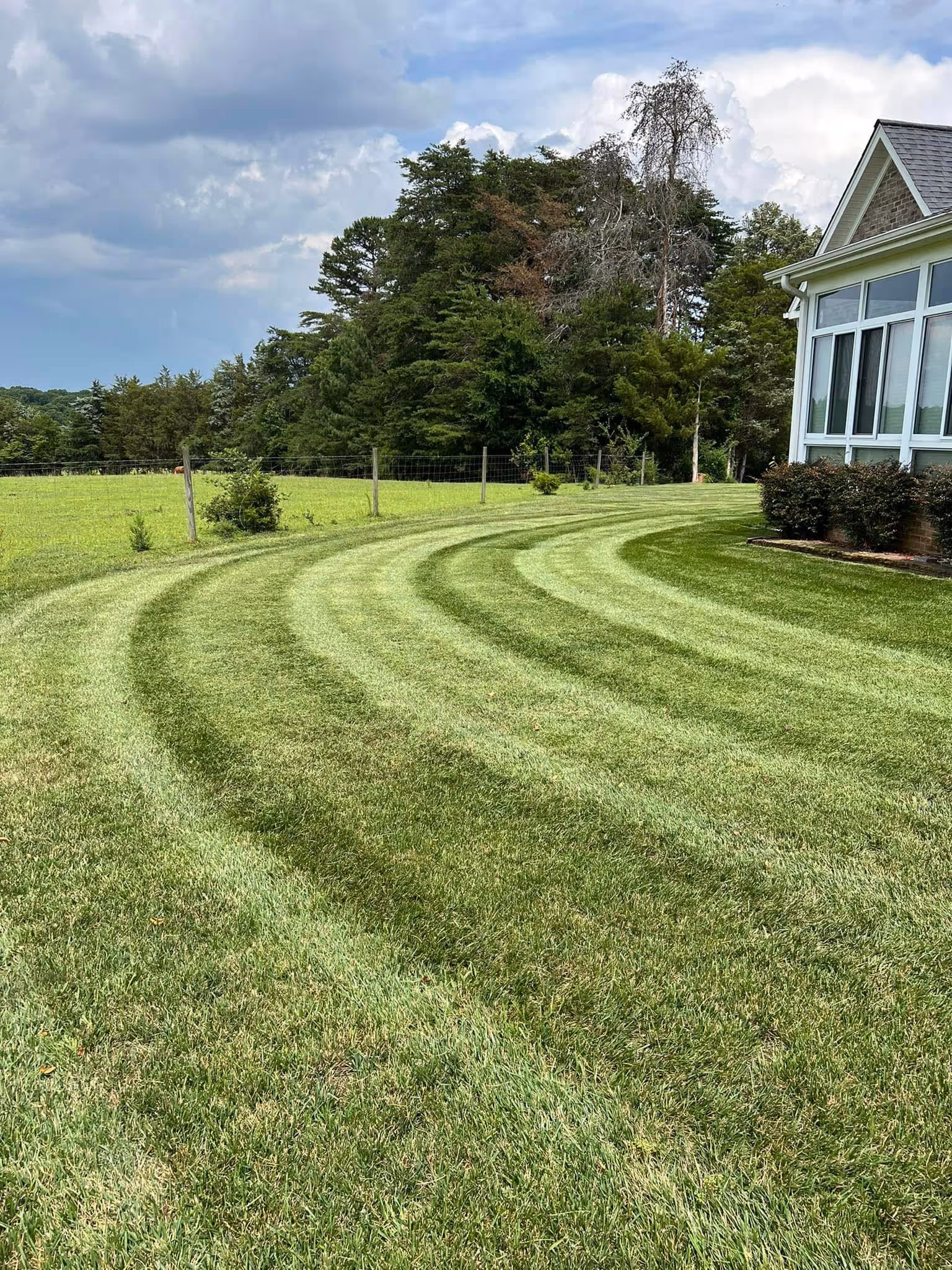 Curved striped pattern freshly mowed green lawn next to a house with a wooded area in the background under a partly cloudy sky.