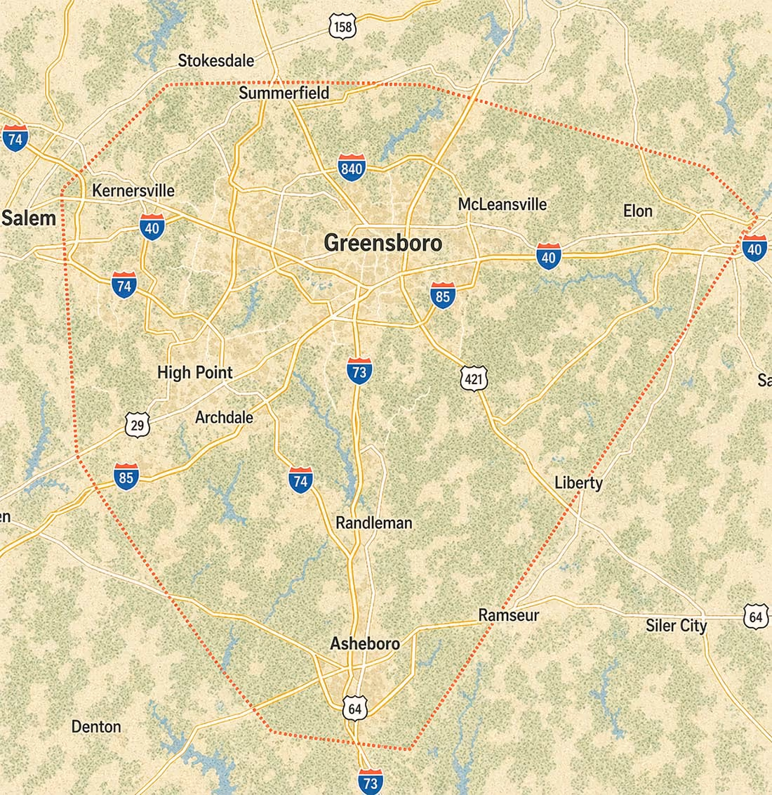 Map showing Greensboro and surrounding cities including High Point, Asheboro, Kernersville, and Elon with major highways I-40, I-73, I-74, I-85, and I-840.