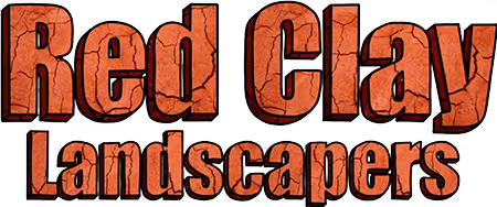 Red Clay Landscapers text logo with a red clay texture and black outline.
