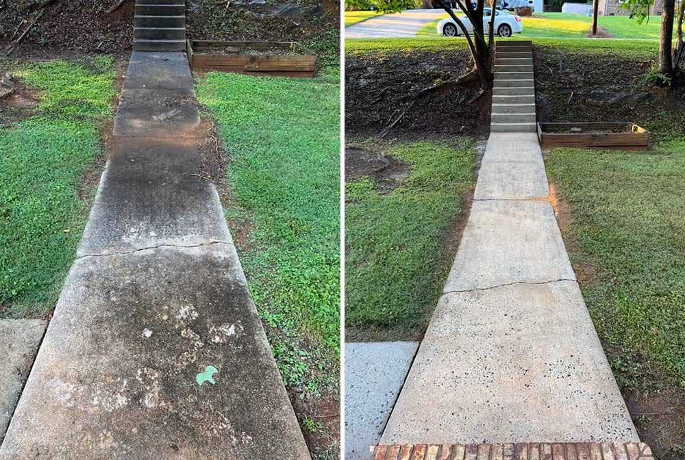 Side-by-side comparison of a concrete sidewalk before and after cleaning, with the left side showing dirty, stained concrete and the right side showing clean, bright concrete.